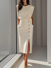 Rita Estton | Button Slit Sleeveless Midi Dress For Women
