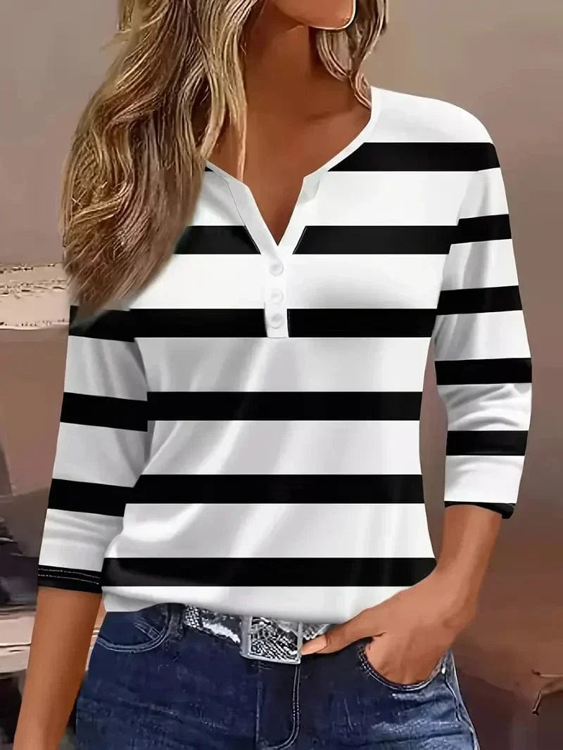 Ruby Sanders | Striped V-Neck Top With ¾ Sleeves For Women