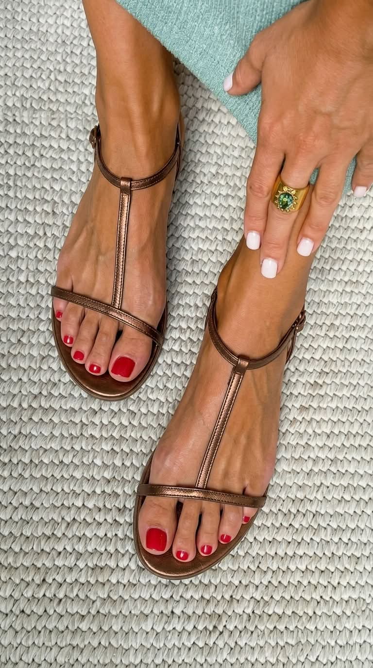 Hester Presfield | Gold Metallic T-Strap Flat Sandals For Women