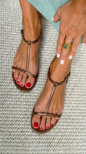 Hester Presfield | Gold Metallic T-Strap Flat Sandals For Women