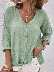 Raissa Loxstone | V-Neck Button Front Linen-Look Blouse For Women