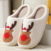 Reindeer Cheer | Cream Reindeer Print Christmas Slippers For Women