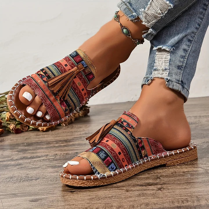 Naomi Kirkland | Woven Boho Sandals With Tassel Detail For Women