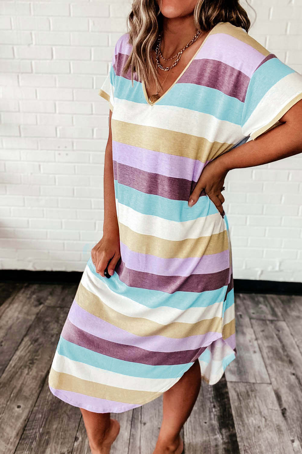 Raffaella Goldstone | Pastel Striped V-Neck T-Shirt Dress For Women