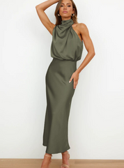 Diletta Ostmore | Draped Halter Neck Satin-Look Maxi Dress For Women