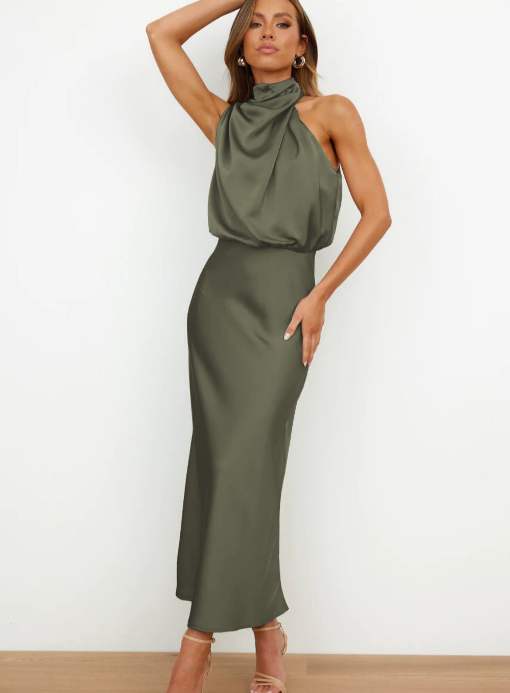 Diletta Ostmore | Draped Halter Neck Satin-Look Maxi Dress For Women