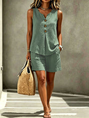 Miriam Kilmere | Linen-Look Button Tank & Shorts Set For Women