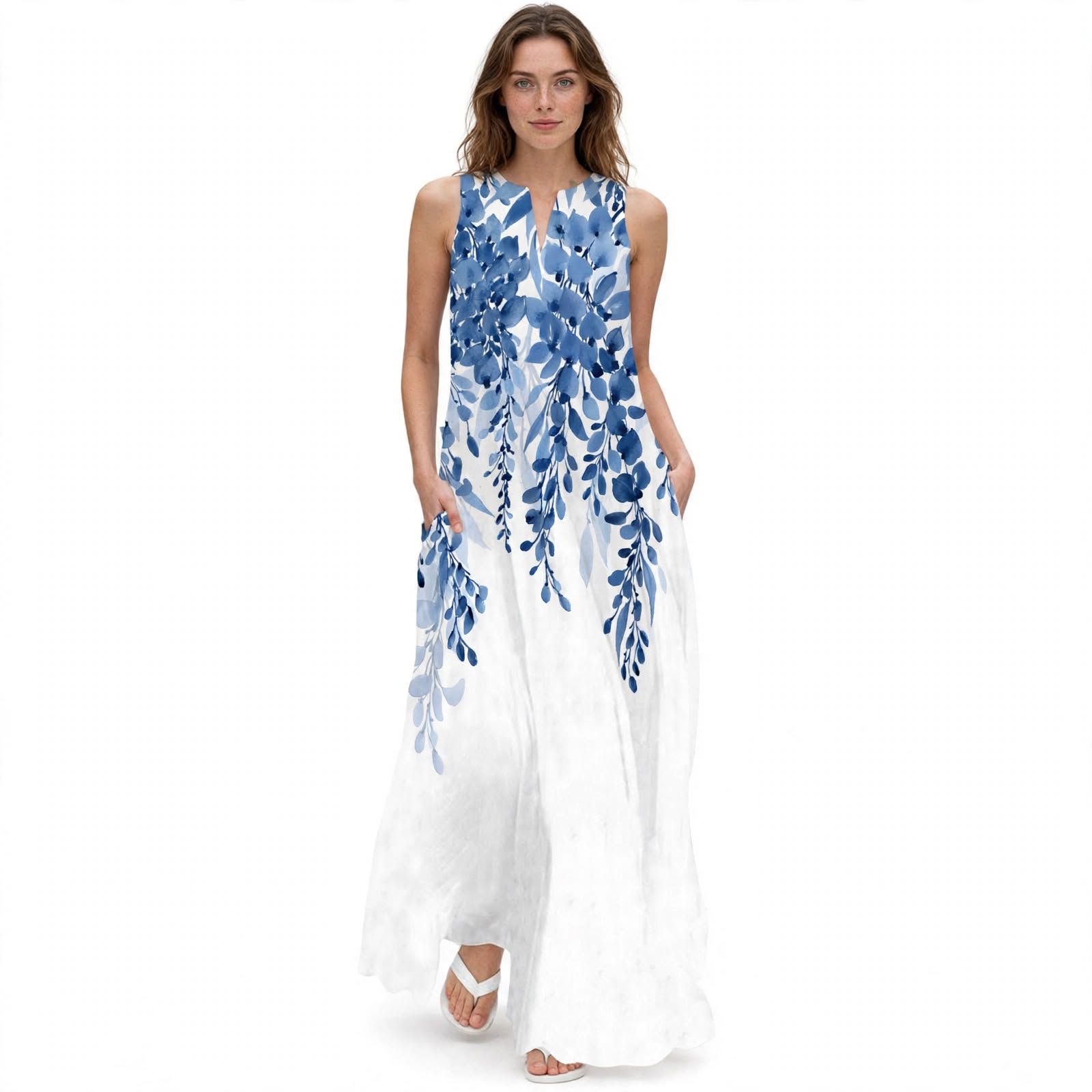 Margherita Goldley | Blue Botanical Print Maxi Dress For Women