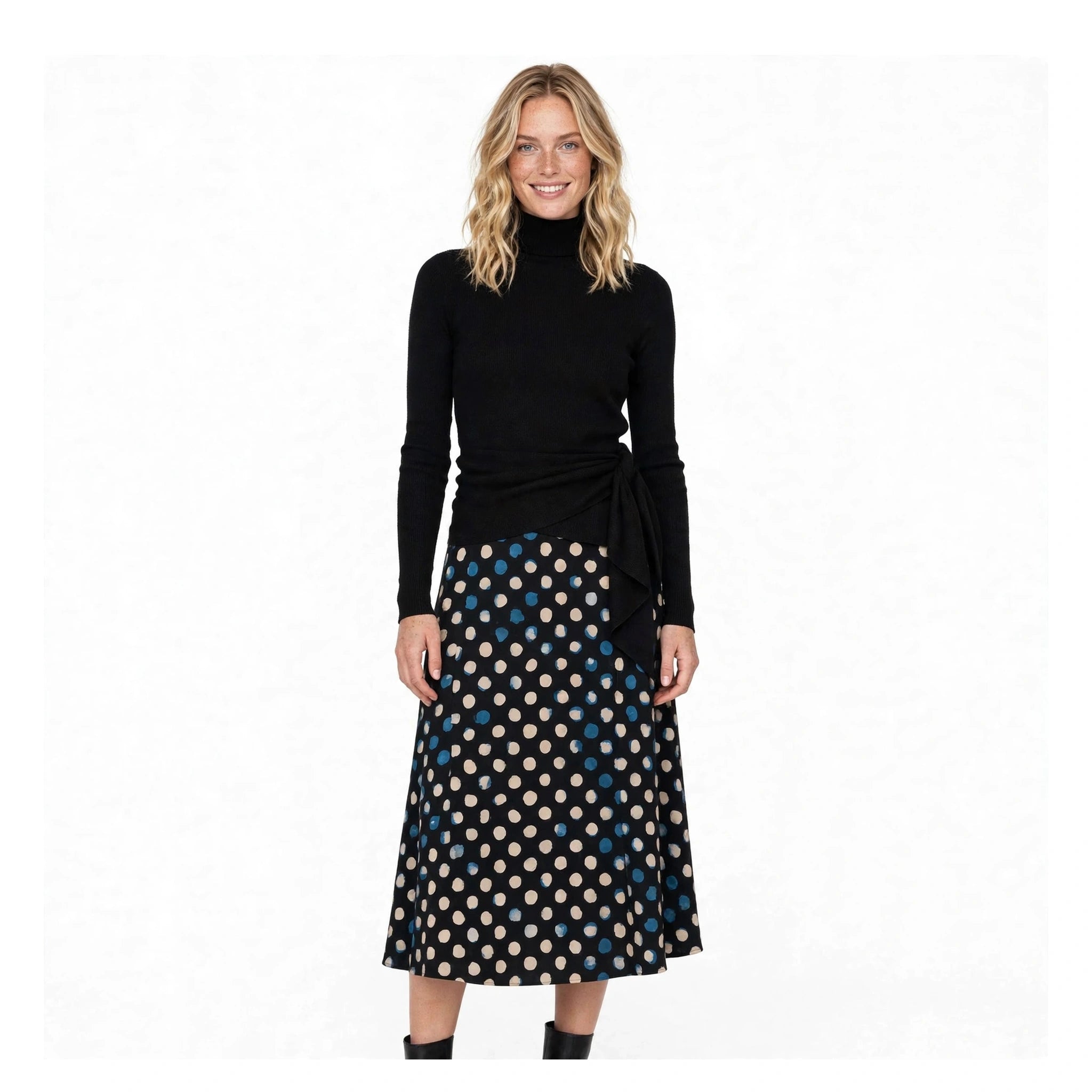 Imogen Fairweather | Turtleneck Knit Top & Polka Dot Skirt Set For Women