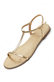 Hester Presfield | Gold Metallic T-Strap Flat Sandals For Women