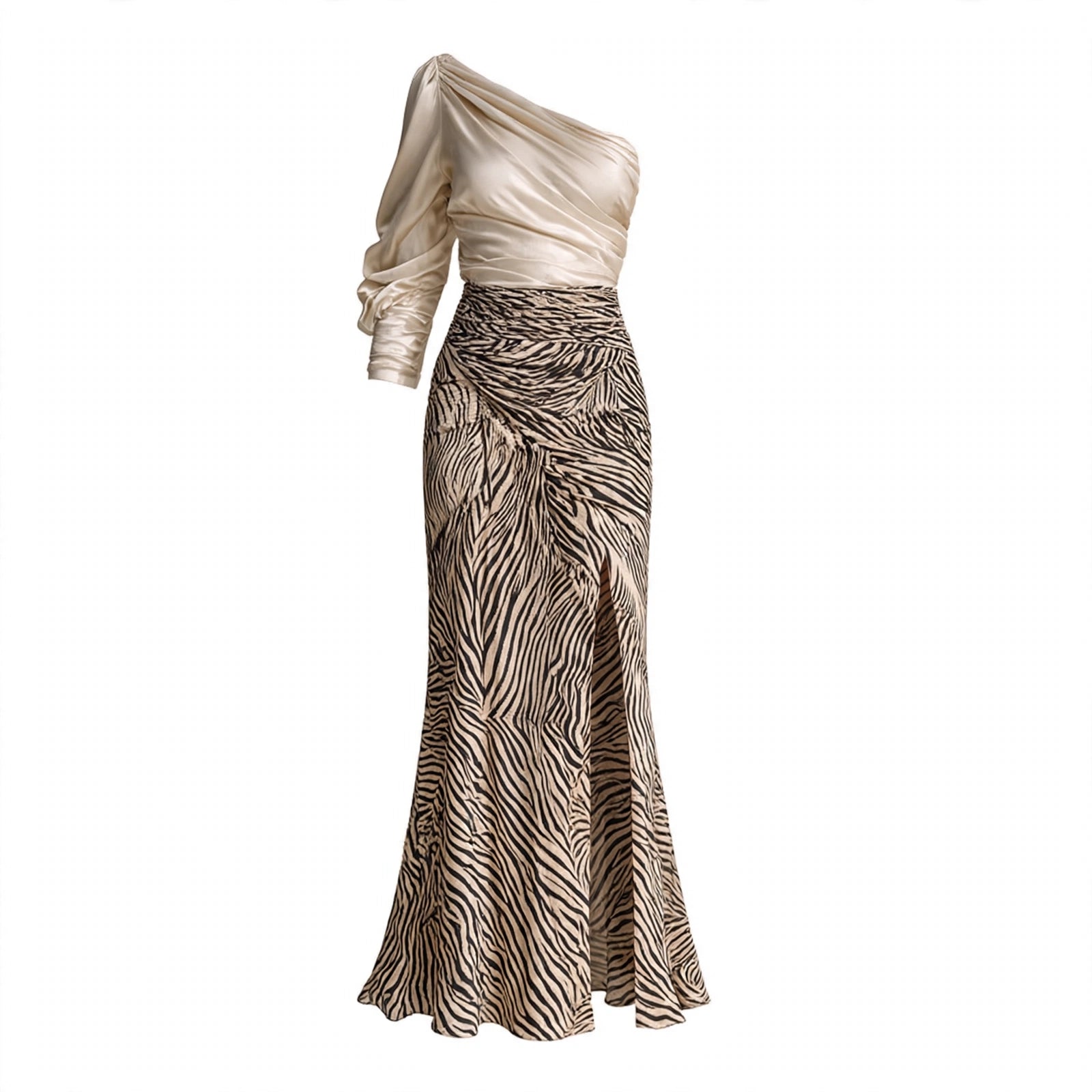 Ava Turner | Satin Off-Shoulder Top With Zebra Print Skirt Set For Women