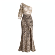 Ava Turner | Satin Off-Shoulder Top With Zebra Print Skirt Set For Women