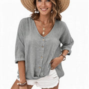 Raissa Loxstone | V-Neck Button Front Linen-Look Blouse For Women