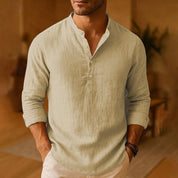 Nico Glenhurst | Sky Blue Linen Look Band Collar Shirt For Men