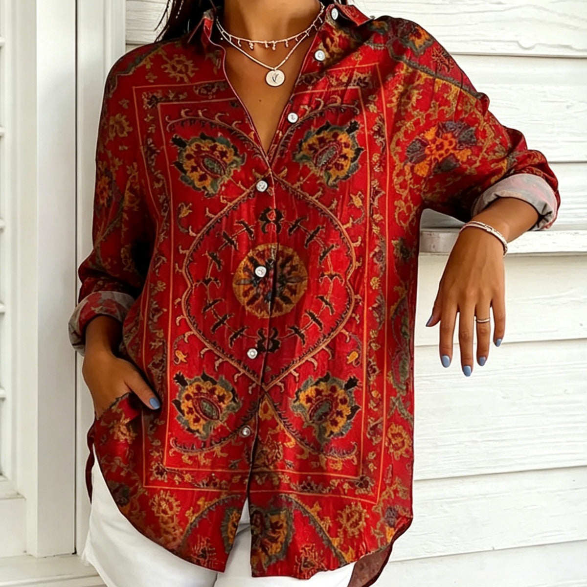 Brunella Swinford | Red Retro Print Button-Up Shirt For Women
