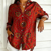 Brunella Swinford | Red Retro Print Button-Up Shirt For Women