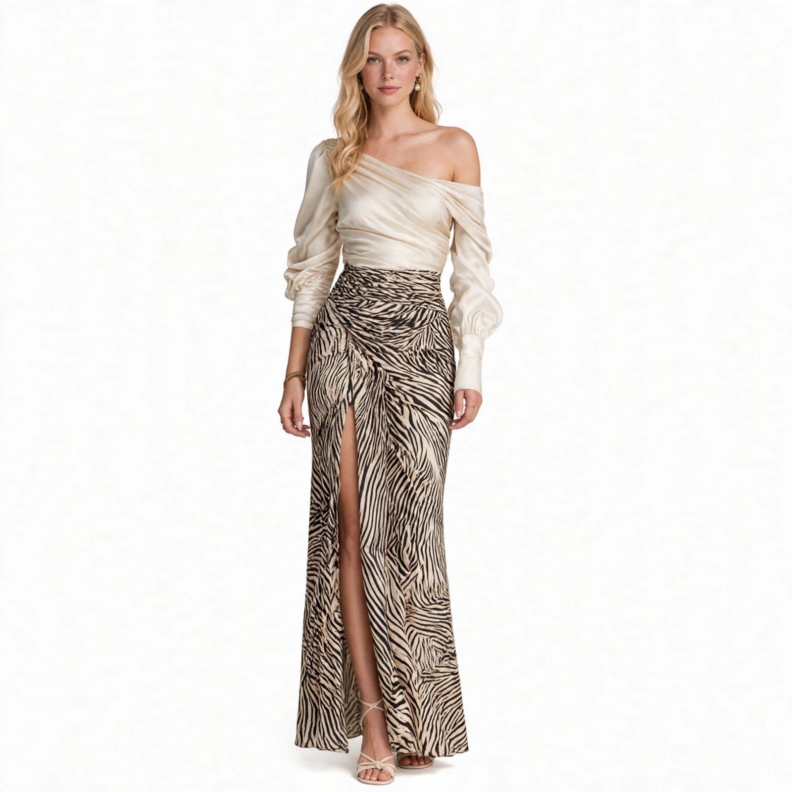Ava Turner | Satin Off-Shoulder Top With Zebra Print Skirt Set For Women