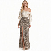 Ava Turner | Satin Off-Shoulder Top With Zebra Print Skirt Set For Women