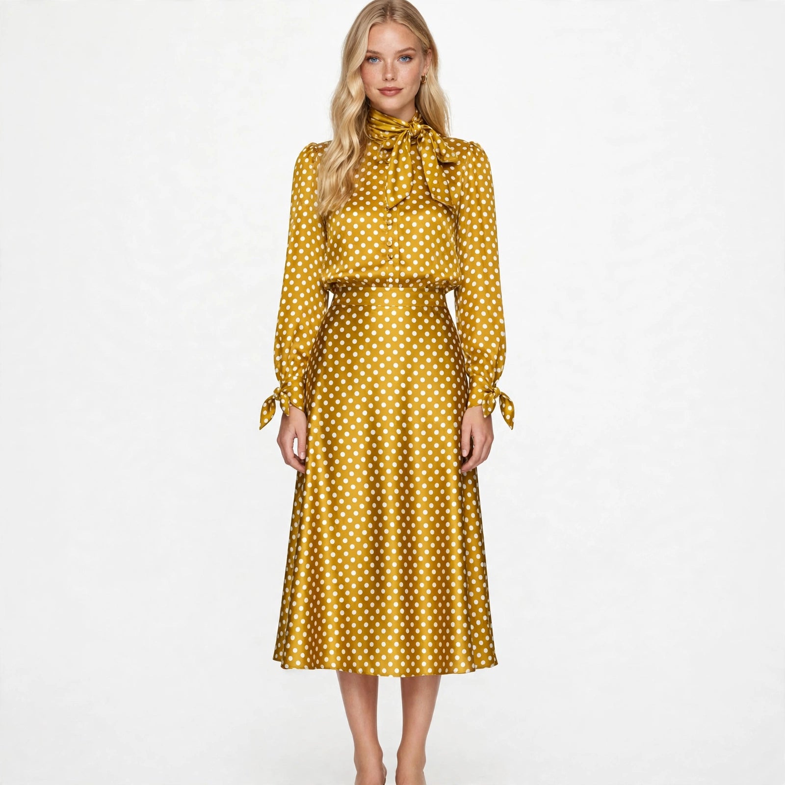 Nina Harlow | Vintage Polka Dot Satin Shirt & Skirt Set For Women