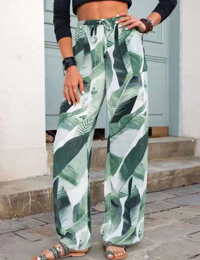 Courtney Blake | Leaf Print Wide Leg Beach Trousers For Women