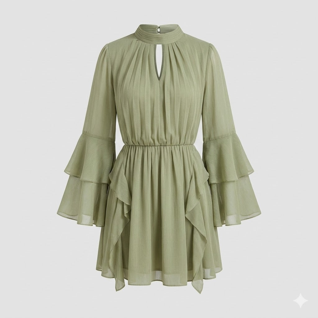 Élodie Rousseau | Ruffled Chiffon Midi Dress with Flowing Sleeves For Women