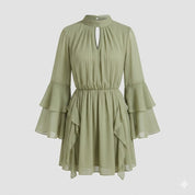 Élodie Rousseau | Ruffled Chiffon Midi Dress with Flowing Sleeves For Women