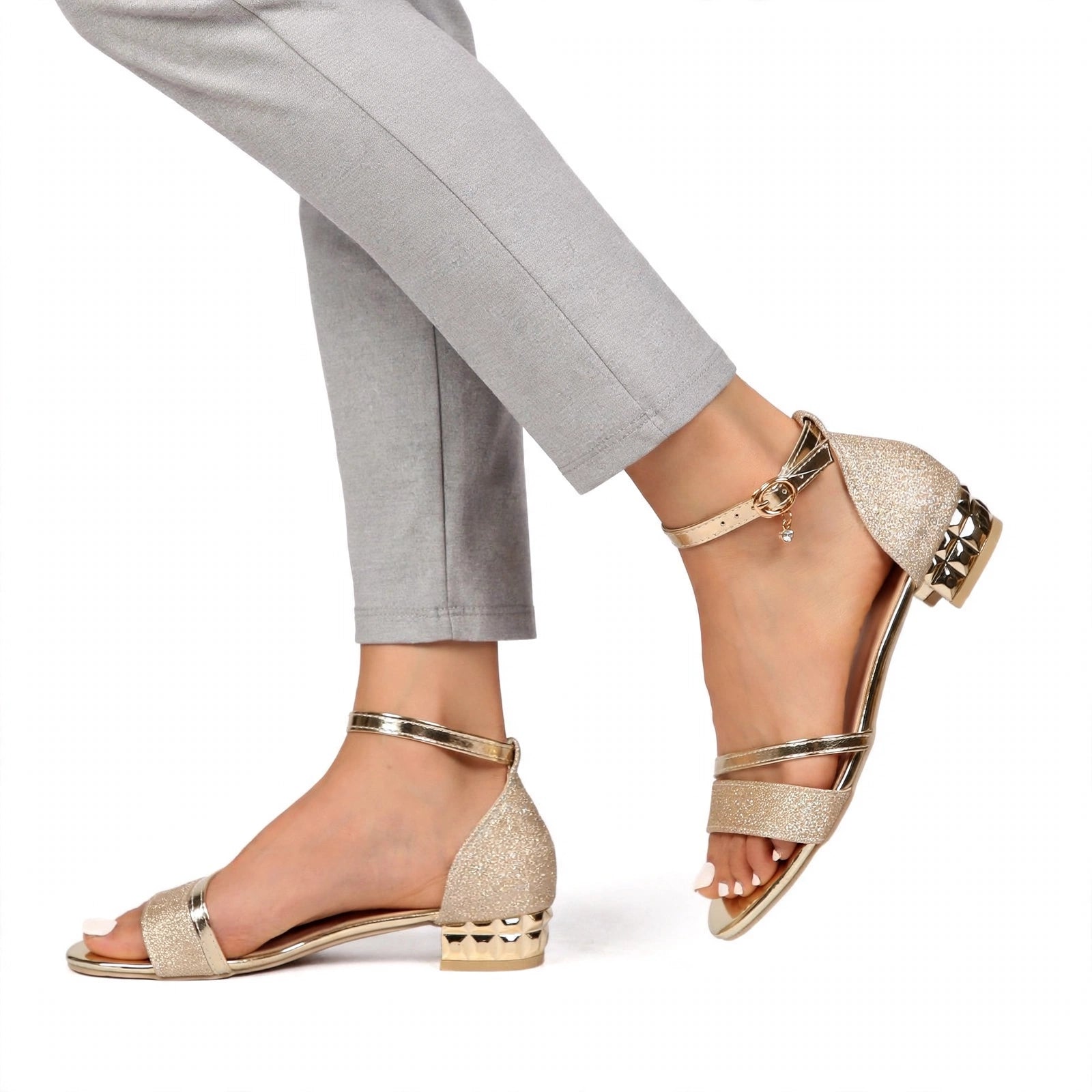 Lara Aldworth | Glitter Ankle Strap Block Heel Sandals For Women