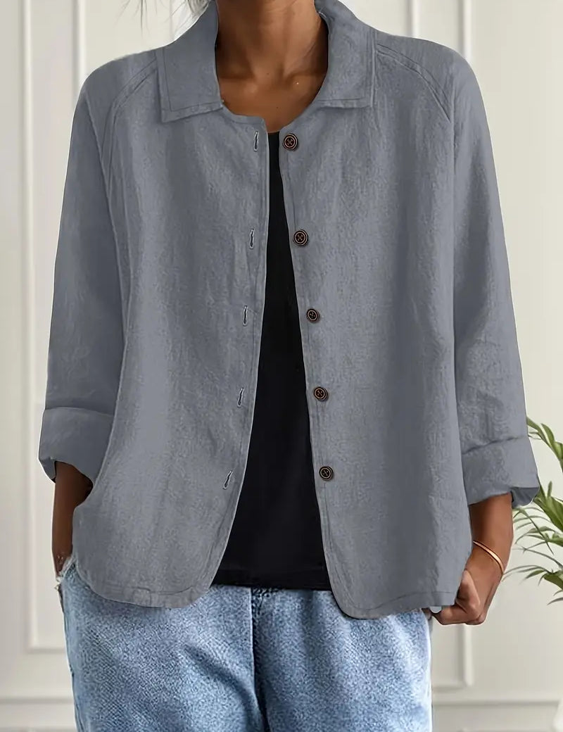 Amélie Rousseau | Sky Breeze Button Linen Jacket with Relaxed Elegance For Women