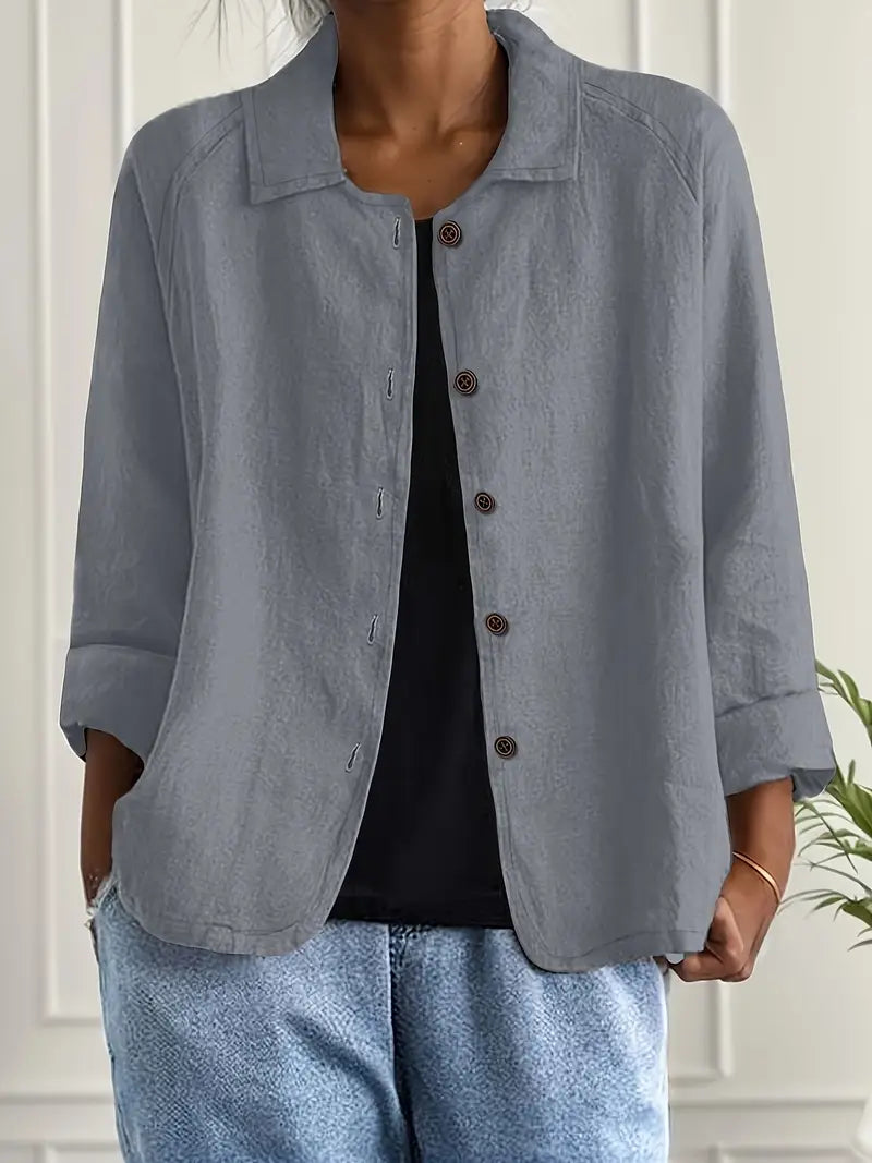 Amélie Rousseau | Sky Breeze Button Linen Jacket with Relaxed Elegance For Women