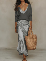 Harper Collins | Satin Maxi Skirt & Knit Sweater Set For Women