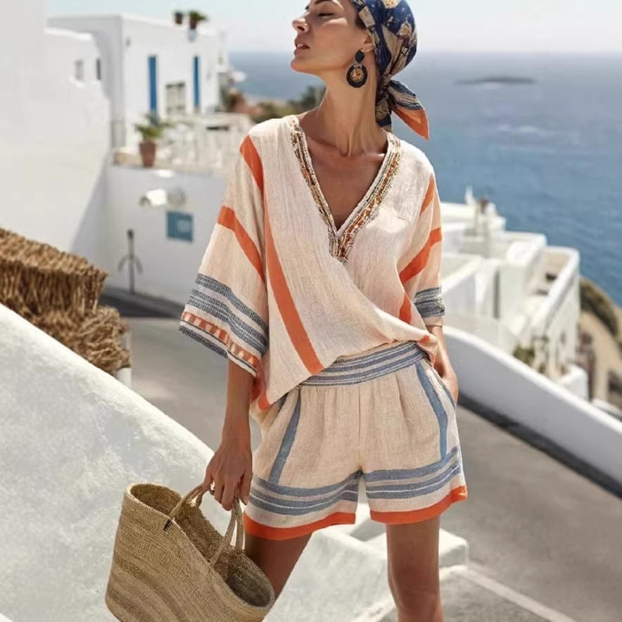 Isla Rafferty | Linen Striped V-Neck Top & Shorts Set For Women