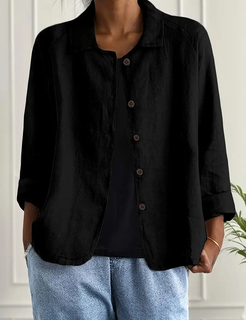 Amélie Rousseau | Sky Breeze Button Linen Jacket with Relaxed Elegance For Women