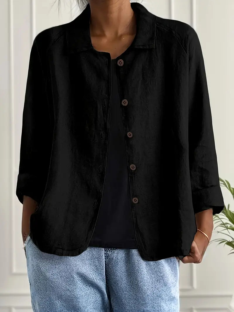 Amélie Rousseau | Sky Breeze Button Linen Jacket with Relaxed Elegance For Women