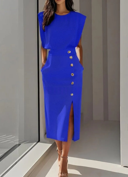 Rita Estton | Button Slit Sleeveless Midi Dress For Women