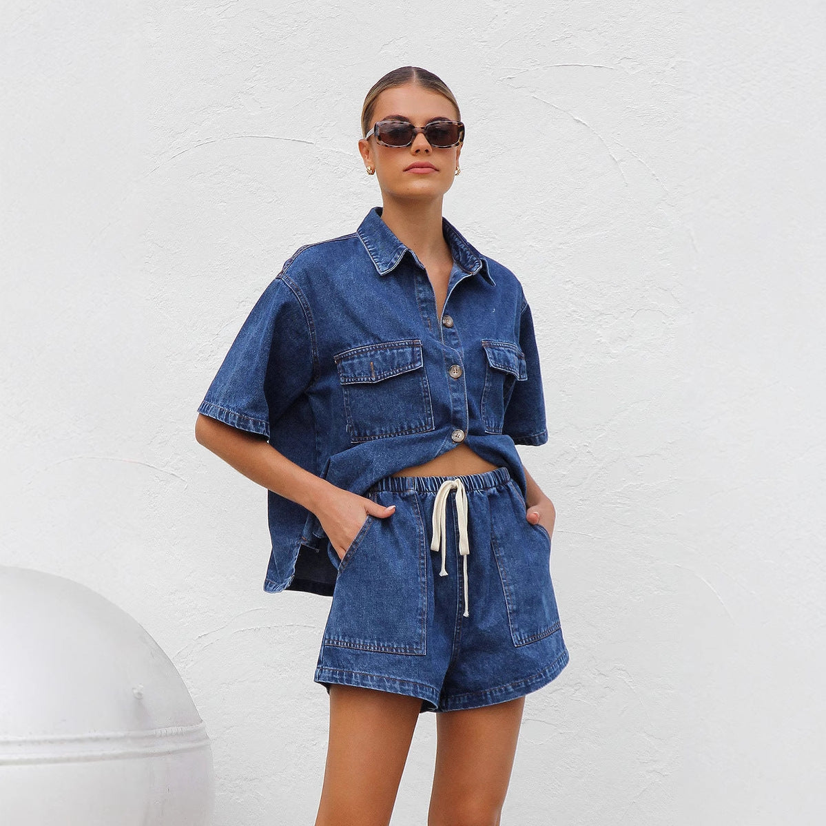 Carolina Salcombe | Denim Shirt & Drawstring Shorts Set For Women