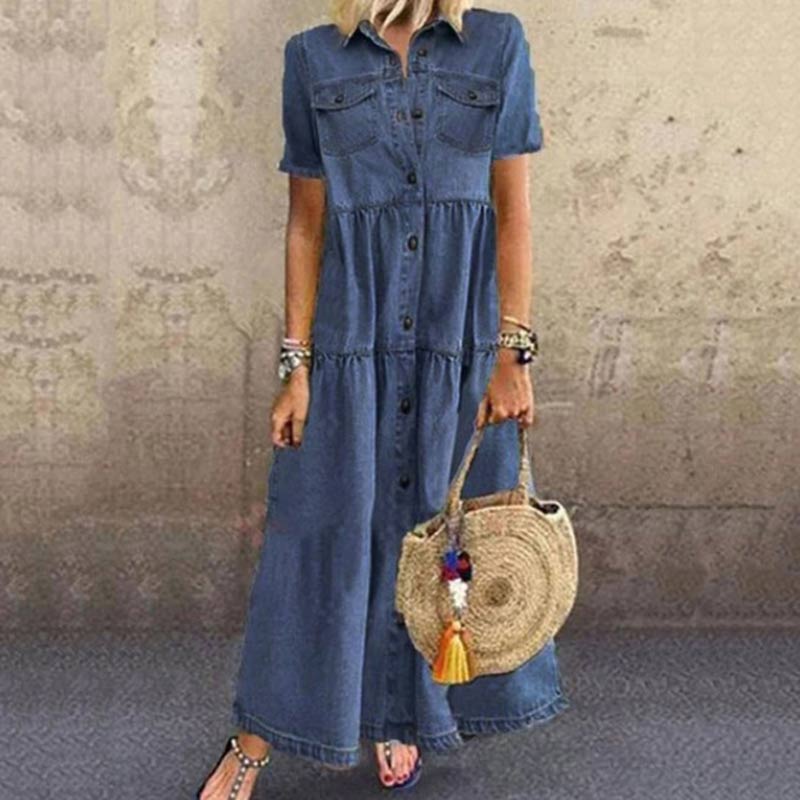 Sveva Walworth | Tiered Denim Maxi Shirt Dress For Women