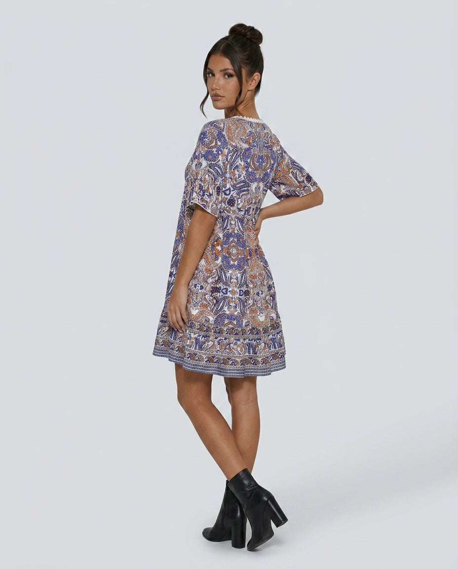Brooke Flemming | V-Neck Flared Sleeve Paisley Mini Dress For Women