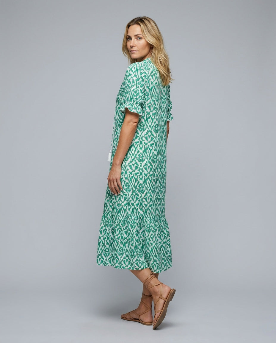 Isla Hargreaves | Ikat Print Tassel V-Neck Midi Dress For Women