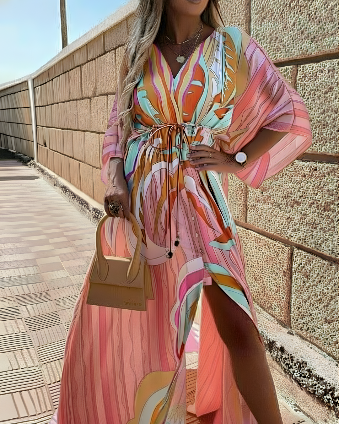 Celeste Moretti | Bohemian Maxi Dress With Luxe Artistic Print Detail For Women