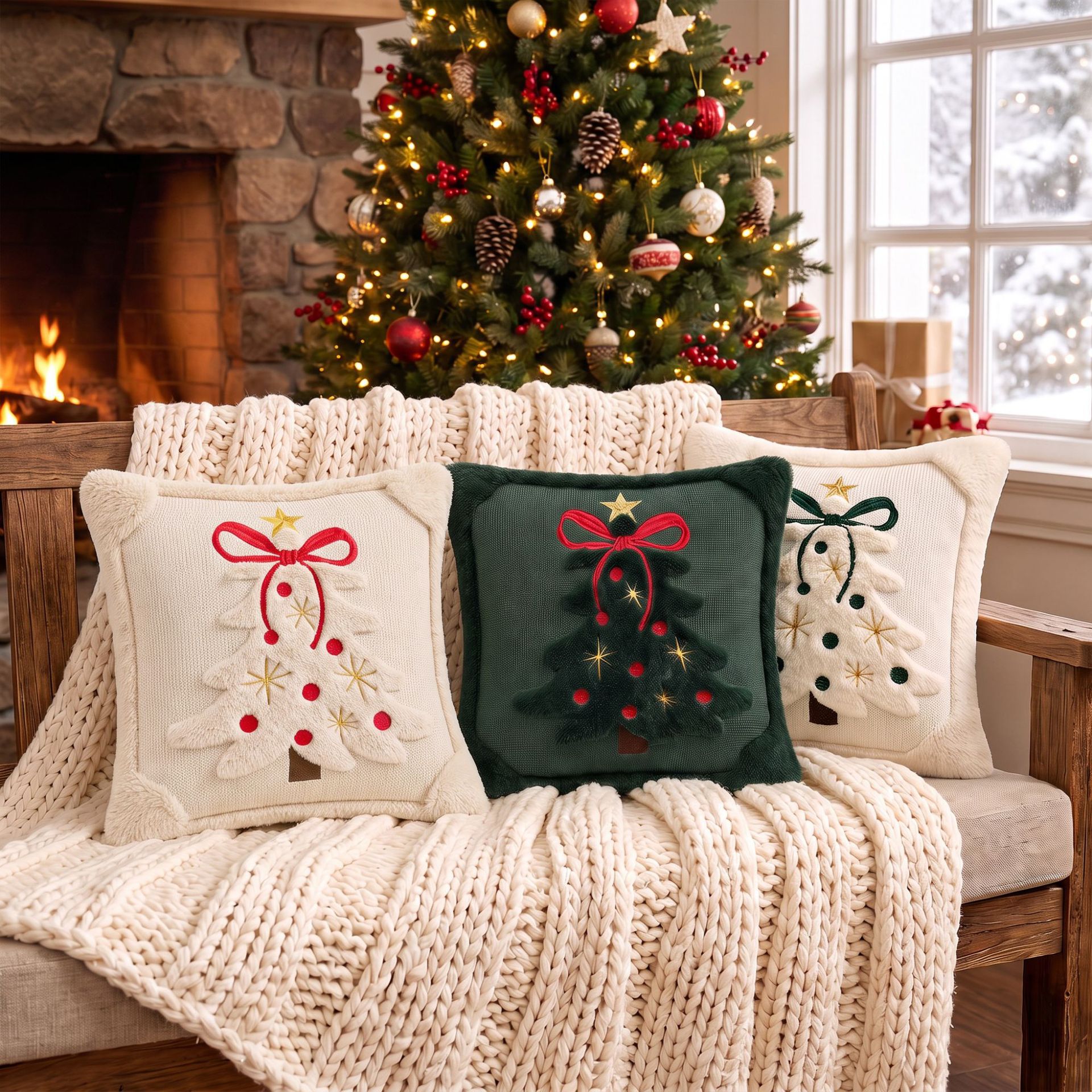 Fireside Noel | Embroidered Christmas Cushion Cover
