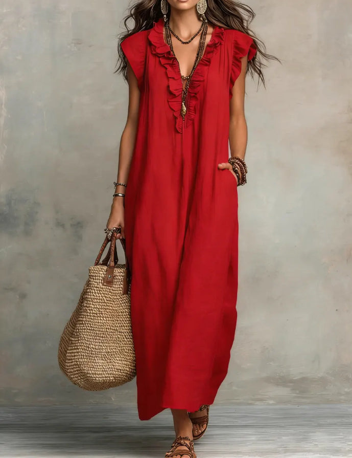 Mia Wilson | Bohemian Ruffle V-Neck Maxi Dress For Women
