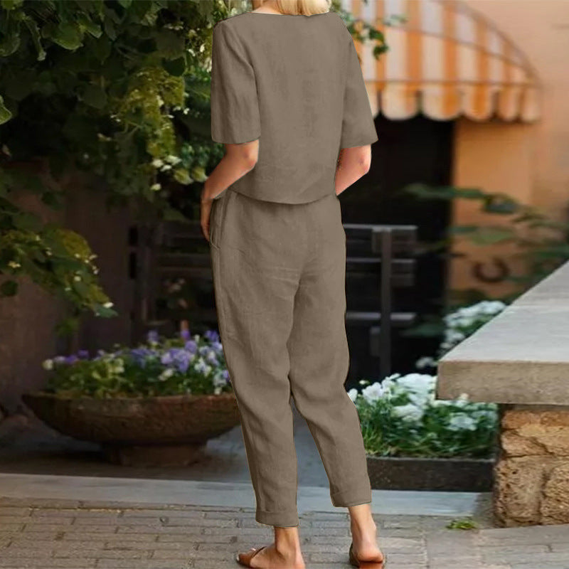 Dora Dalton | Linen-Look Top & Tie-Waist Trousers Set For Women