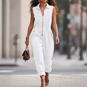 Hannah Clarke | Sleeveless Utility Jumpsuit with Gold Zip For Women