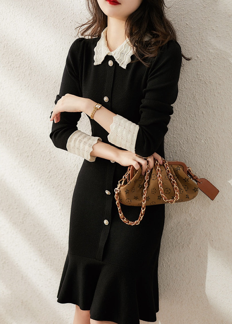 Xanthe Holford | Black Tweed Knit Collar Midi Dress For Women