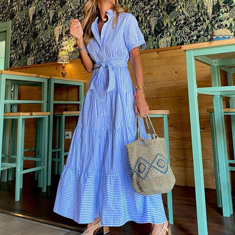Irma Oakbridge | Striped Tiered Maxi Shirt Dress For Women