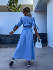 Lia Dalmore | Light Blue Button Front Denim Maxi Dress For Women