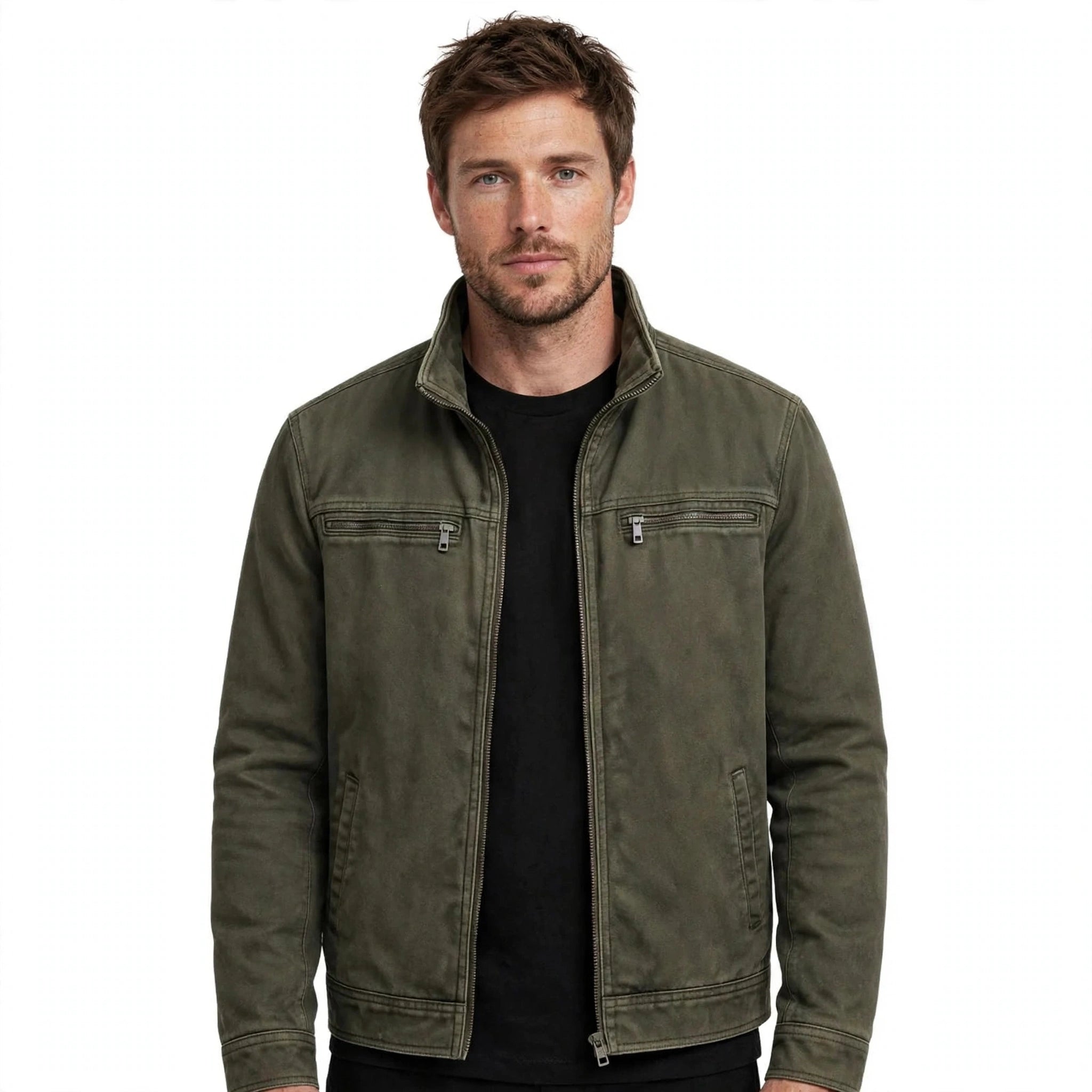 Aldo Cranworth | Olive Zip-Up Workwear Jacket For Men