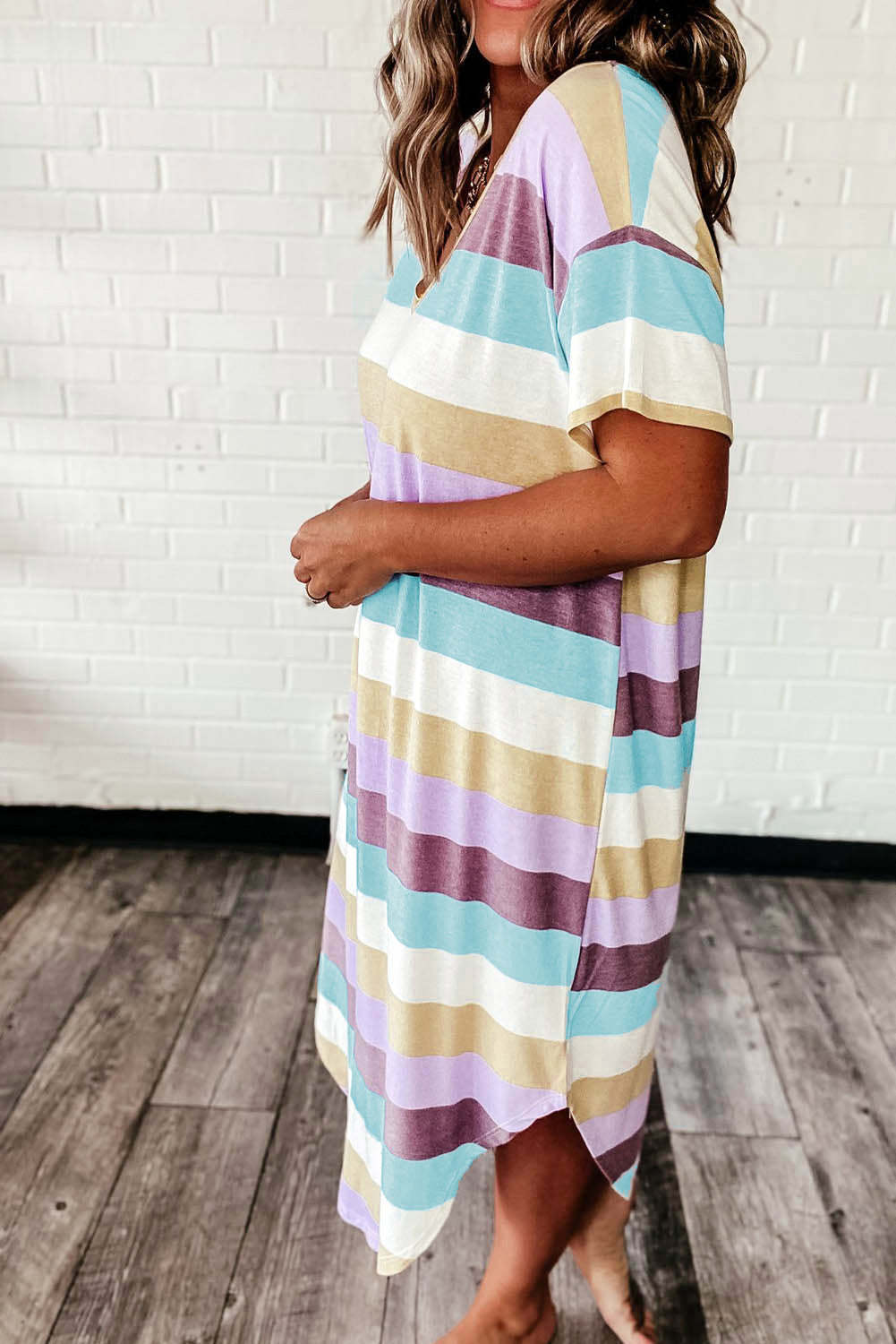 Raffaella Goldstone | Pastel Striped V-Neck T-Shirt Dress For Women