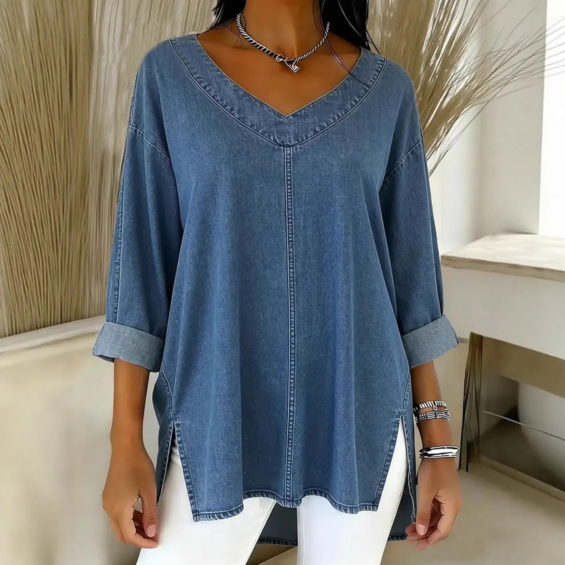 Clarissa Dunmore | Relaxed Denim V-Neck Top For Women