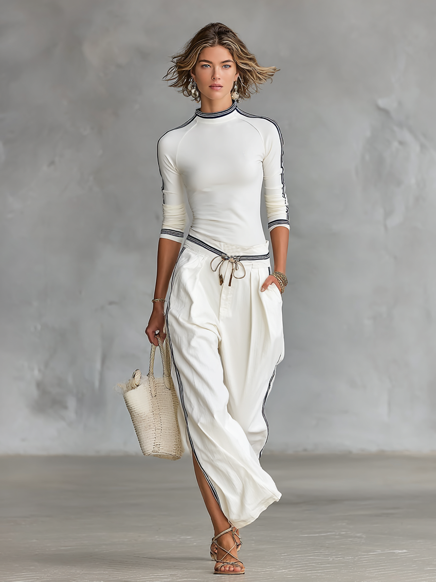 Olivia Kingswell | Striped Trim Two-Piece Set For Women